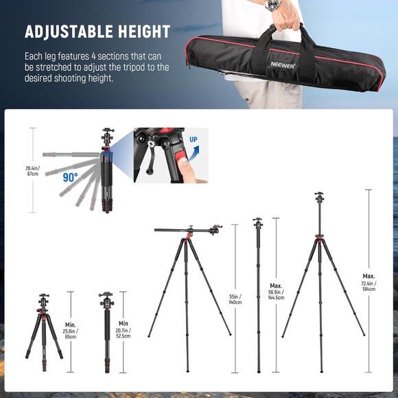 Neewer N284+G0 72 Inch Camera Tripod Monopod Arca Style Mount Red/Black w/ Bag - Picture 12 of 15